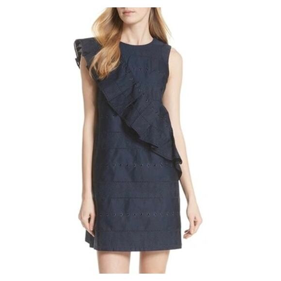 Ted Baker Mahlene Eyelet Embroidered Ruffle Cotton Shift Dress Navy Blue - Picture 1 of 16